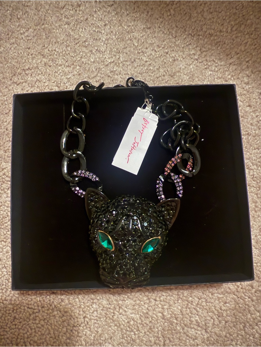 Black Panther Head Statement Necklace - Emerald Eye Accent. Betsey Johnson NWT